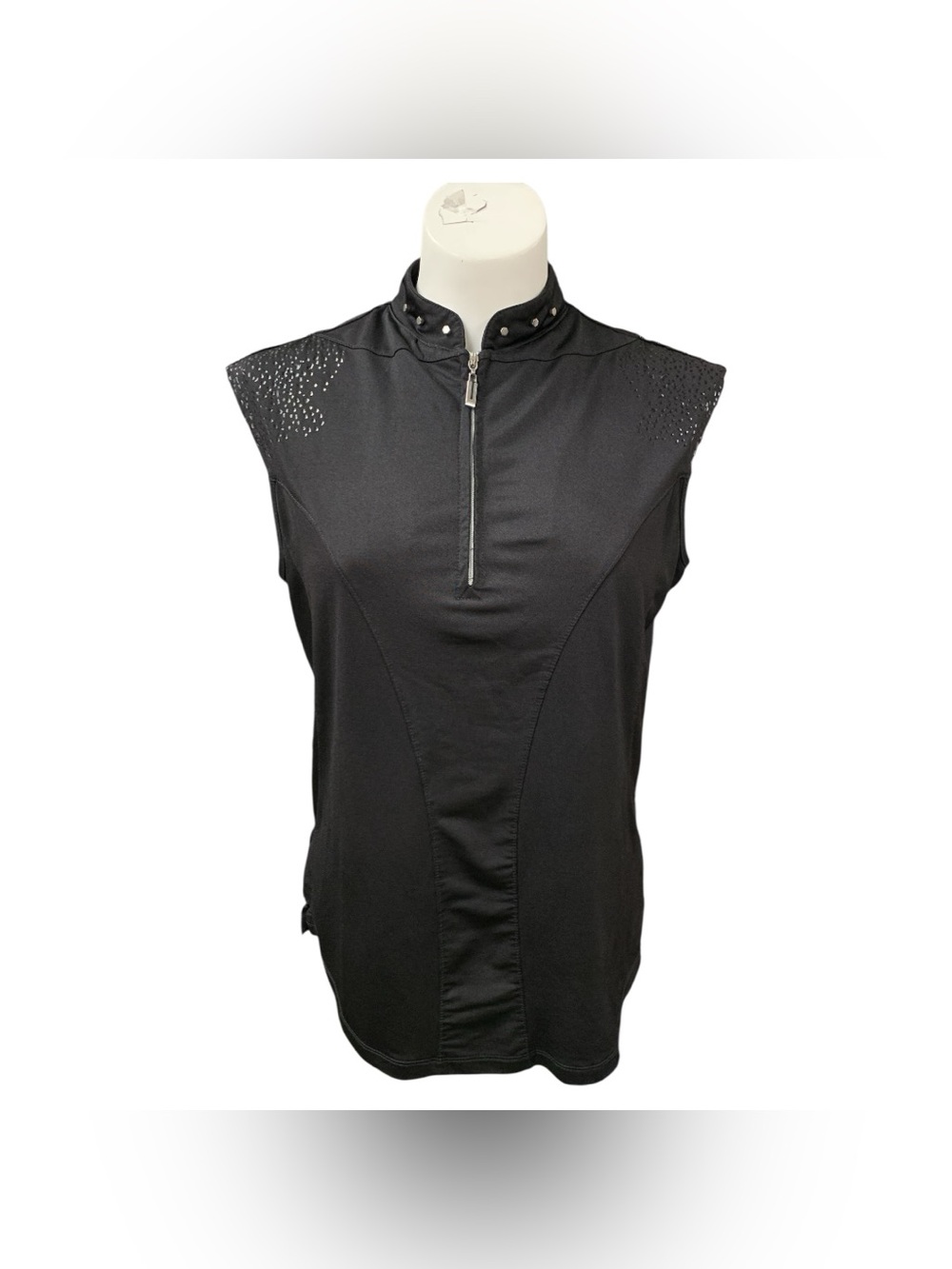 Jamie Sadock Black Sleeveless Zip-Front Golf Tank with Studded Shoulders Size M